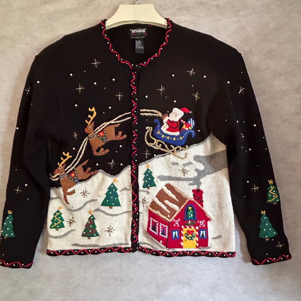 Designers Originals Studio Christmas Cardigan Santa Reindeer Beaded XL Black